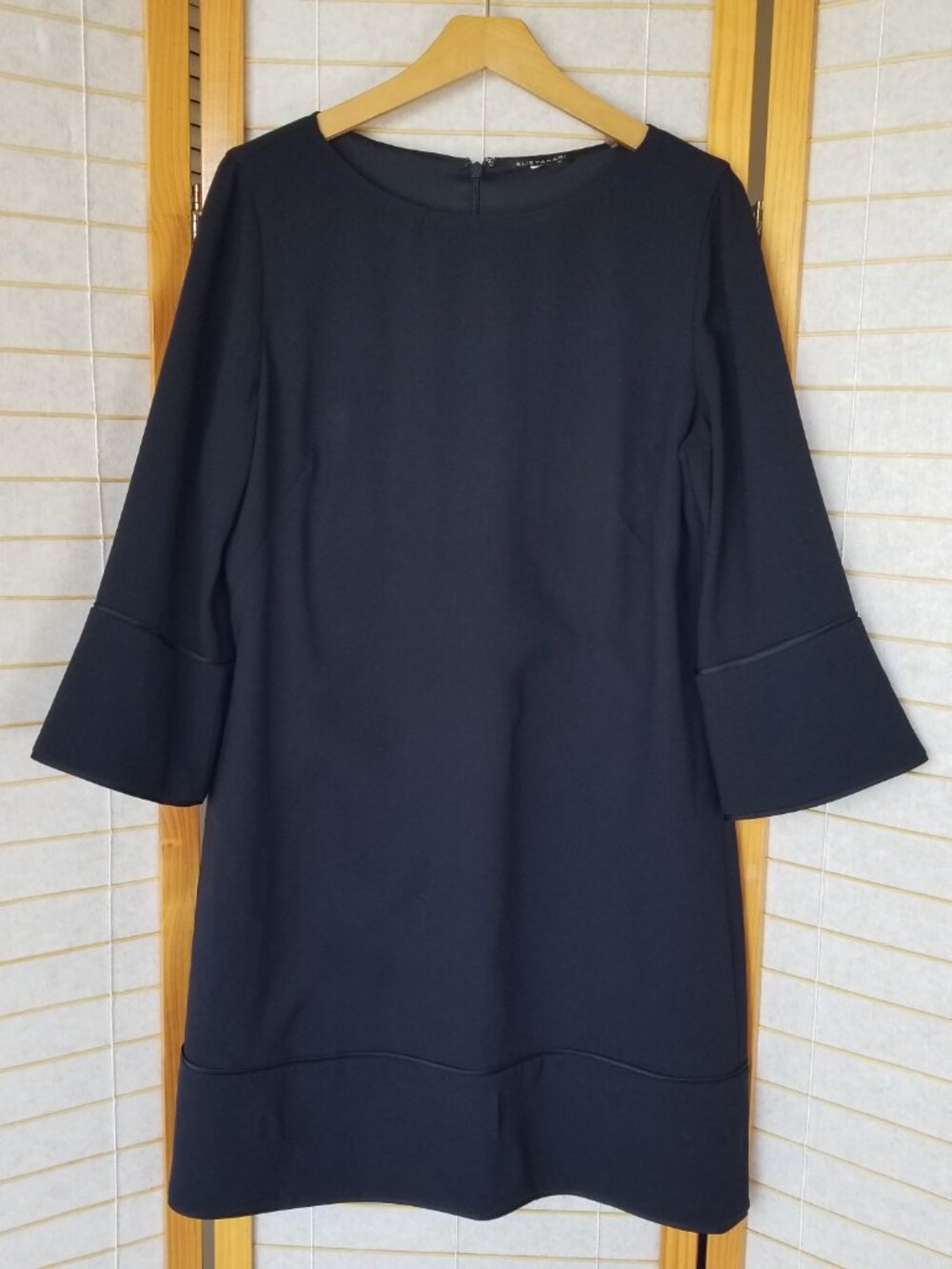 Elie Tahari Navy Blue Lined Shift Dress Long Sleeve Zip Back Size 12